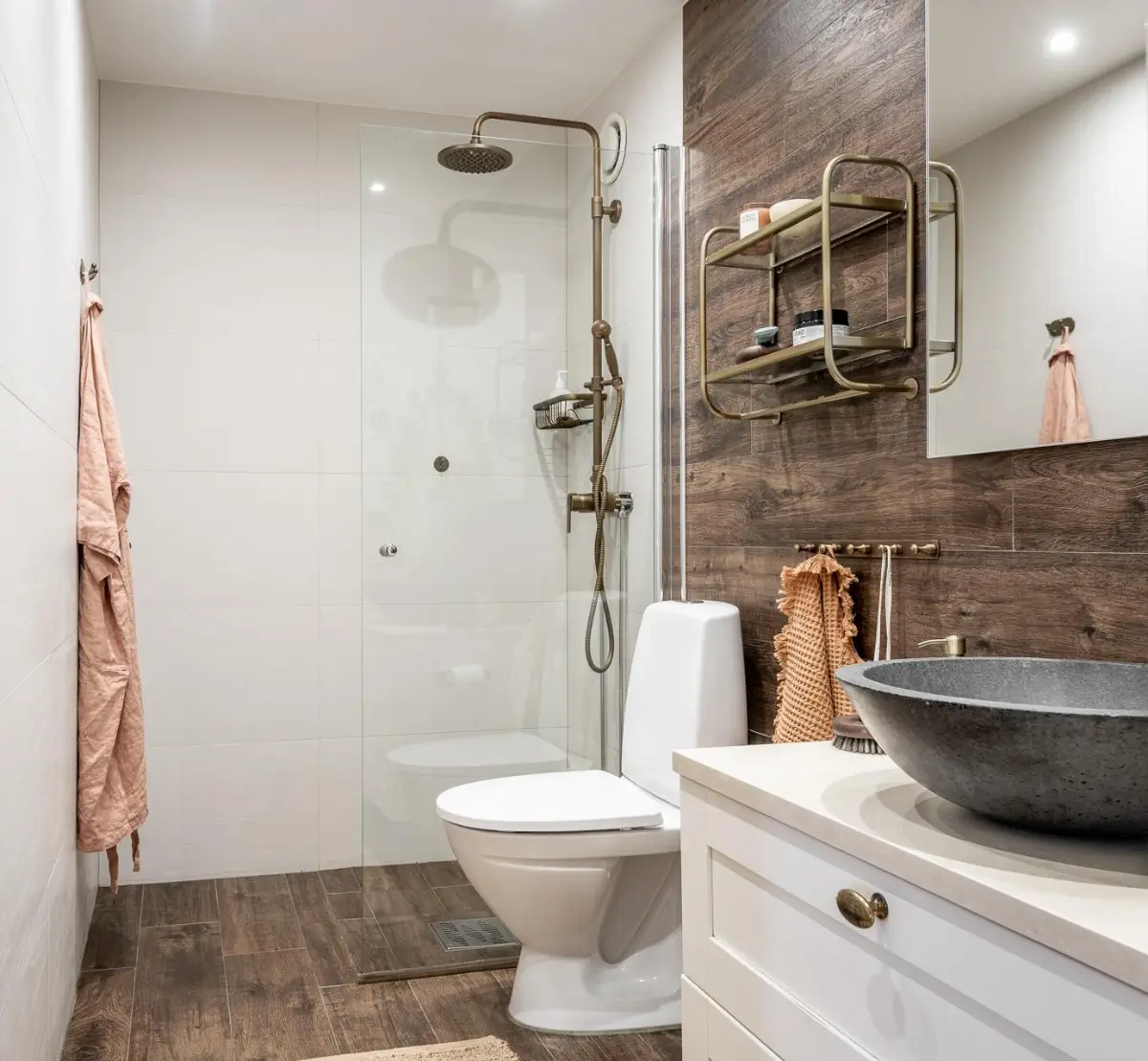 William Morris Wallpapers and Period Features in a Gothenburg Apartment 34 bathroom wood-style tiled walk-in shower