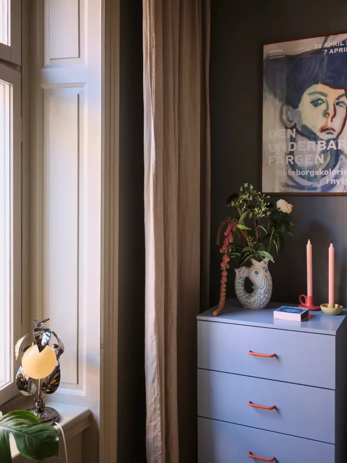 Color, Books, and a Walk-In Wardrobe in a Small Stockholm Apartment 22 bedroom corner blue drawer cabinet nordroom