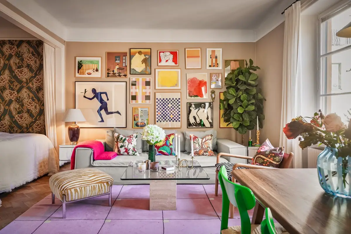 A Colorful Studio Apartment with Gucci Wallpaper 2 colorful gallery wall studio apartment