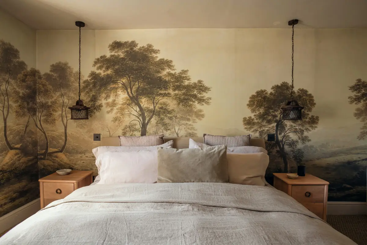 Lime Paint and Cozy Rooms in a Charming English Cottage 15 cottage bedroom tree landscape wall covering nordroom