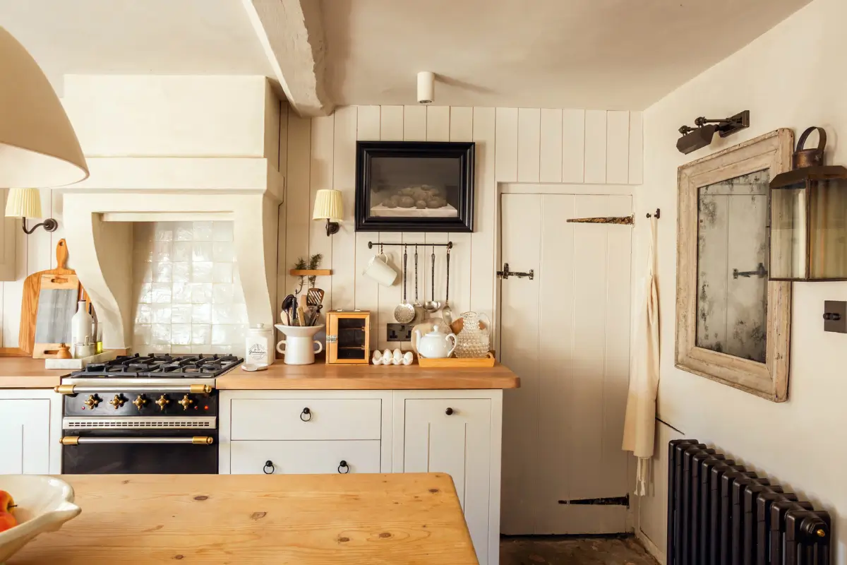 Lime Paint and Cozy Rooms in a Charming English Cottage 3 cottage kitchen paneling wooden countertop