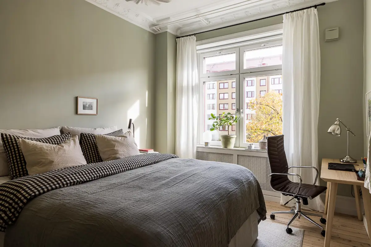 A Classic Renovated Apartment with a Social Light Green Kitchen 16 green bedroom