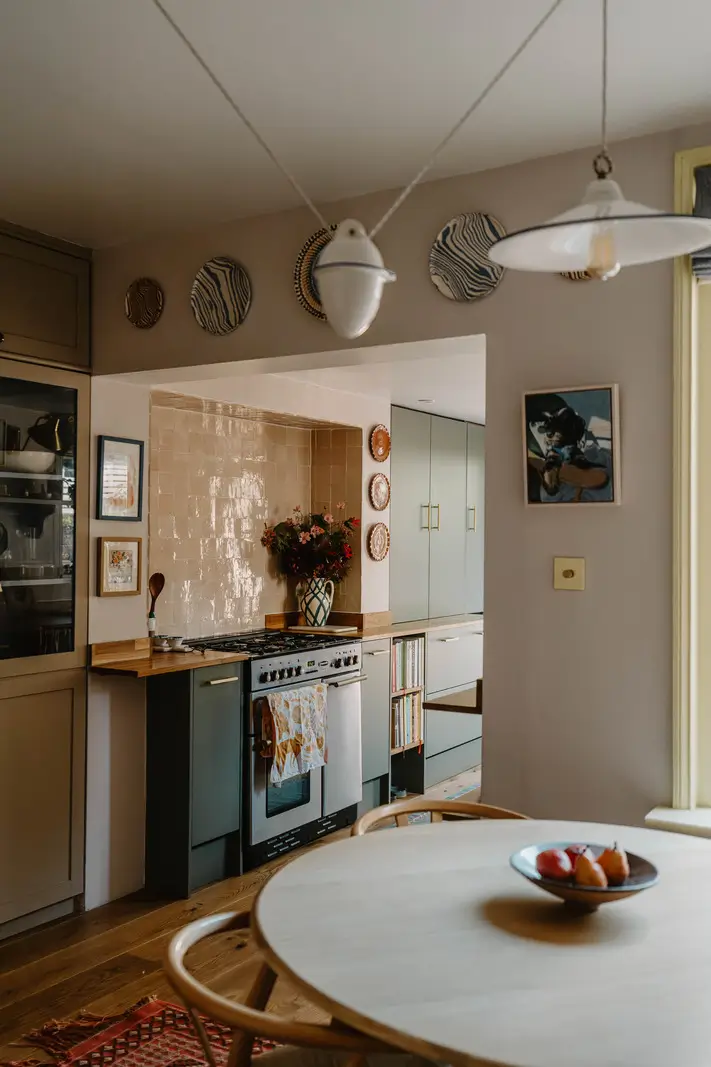 Cozy Interiors in a Restored 19th Century Family Home in Tunbridge Wells 4 kitchen zellige tiles round table