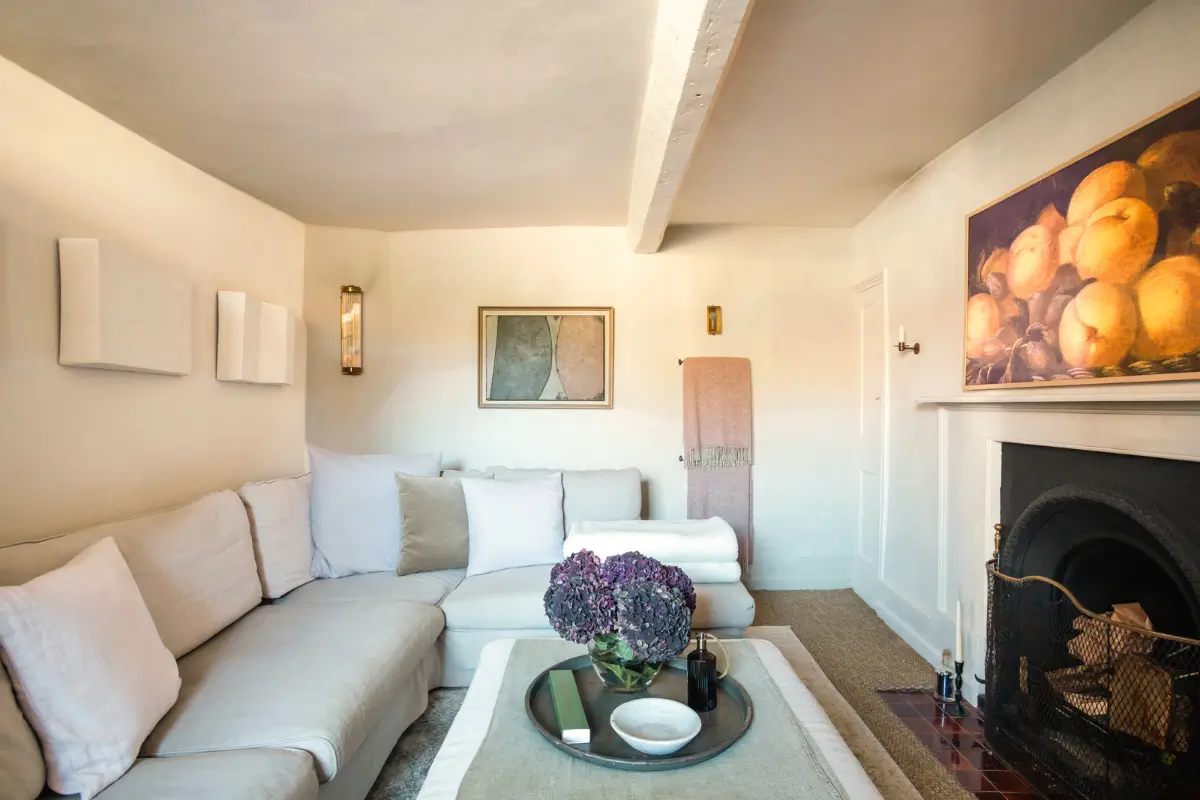 Lime Paint and Cozy Rooms in a Charming English Cottage 13 light cottage living room fireplace