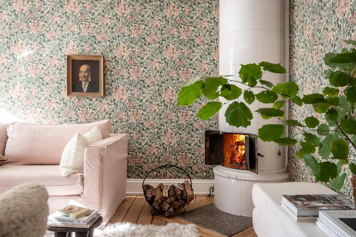 William Morris Wallpapers and Period Features in a Gothenburg Apartment 4 living room fireplace