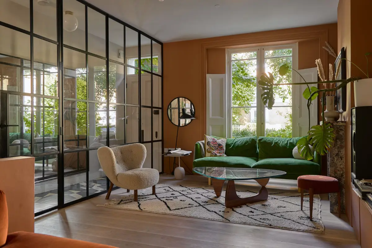 A Beautiful Victorian Townhouse Reimagined for Modern Living 2 living room industrial glass wall marmelo farrow and ball nordroom