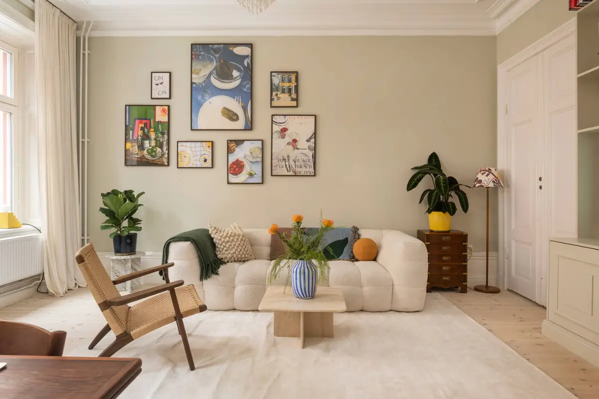 A Stylish Beige Apartment with a Light Blue Kitchen 2 living room sofa