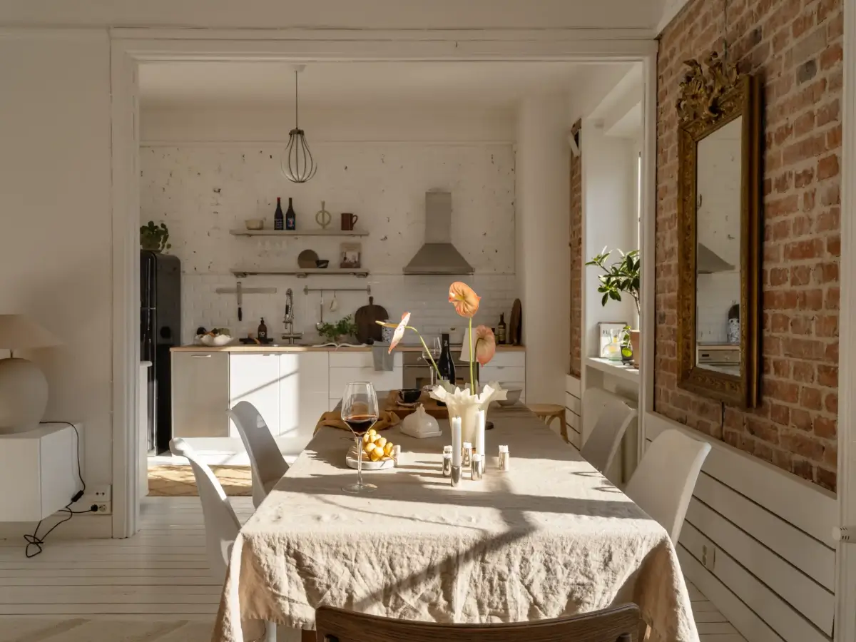 A Fresh 1920s Apartment with White Floorboards and Exposed Brick 7 open plan kitchen living space