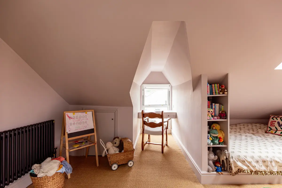 Period Elements and Subtle Color Accents in a Victorian Family Home 24 pink attic room kids bedroom