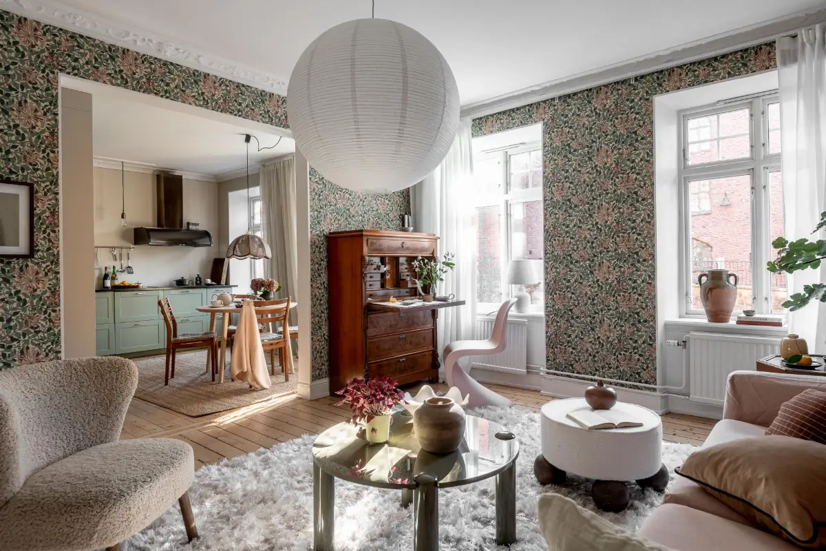 William Morris Wallpapers and Period Features in a Gothenburg Apartment 9 semi open plan living space wooden floor william morris wallpaper