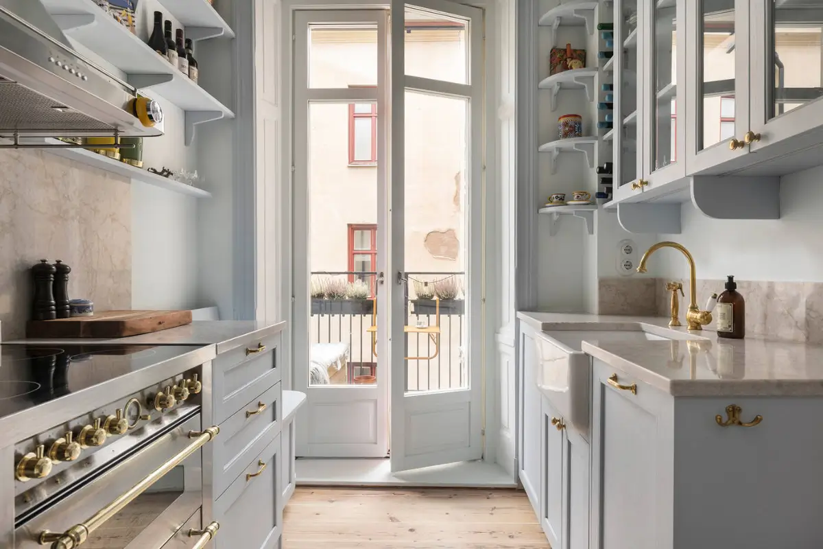 A Stylish Beige Apartment with a Light Blue Kitchen 10 c