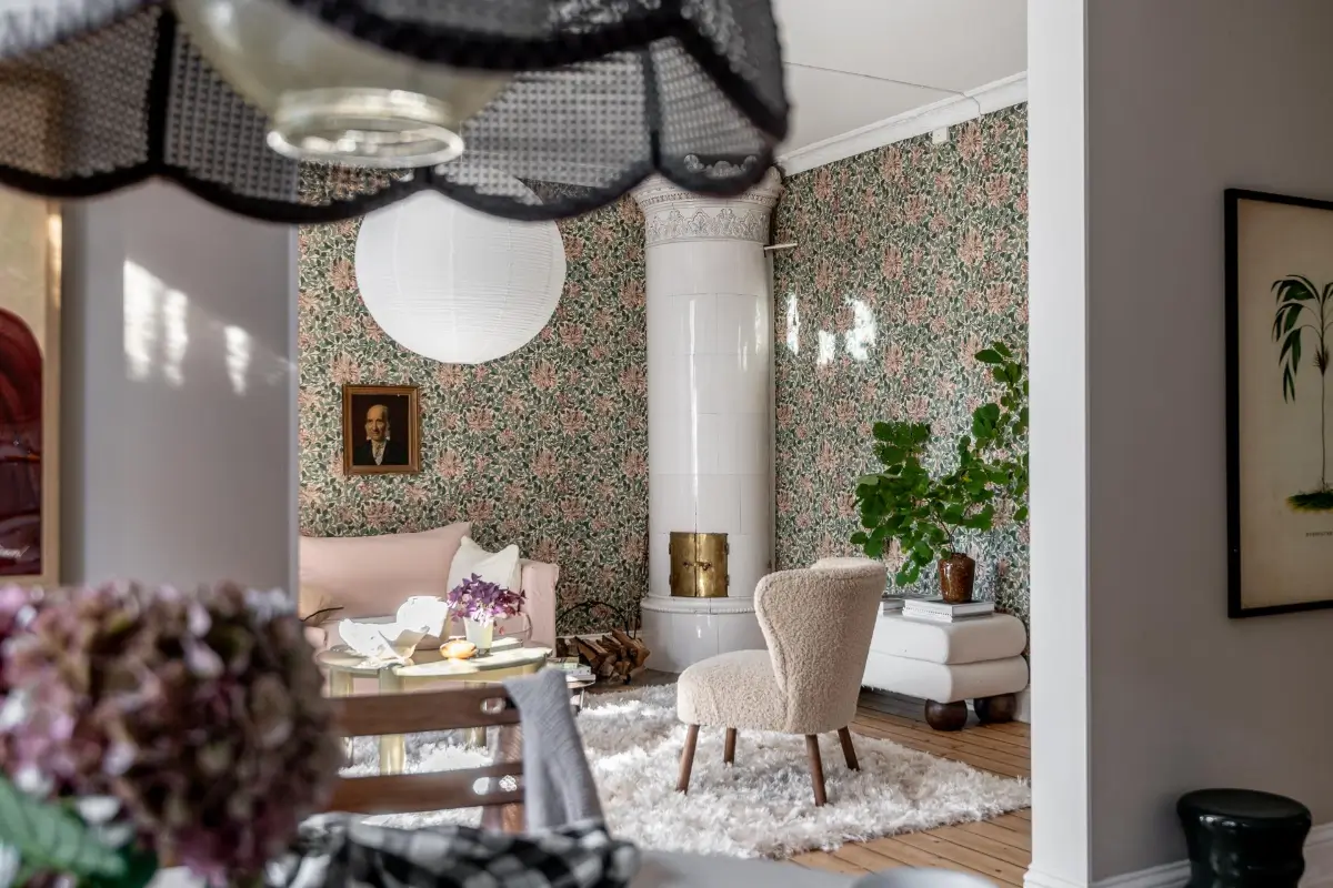 William Morris Wallpapers and Period Features in a Gothenburg Apartment 11 view into living room