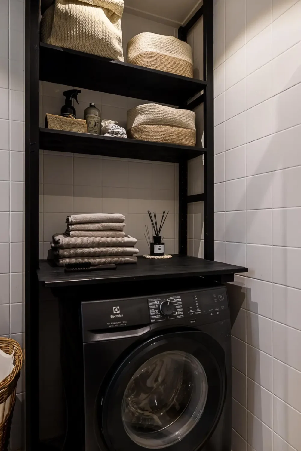 Gray Tones, Wallpapers, and a Mint Green Fireplace in a Swedish Apartment 30 washing machine corner with shelves