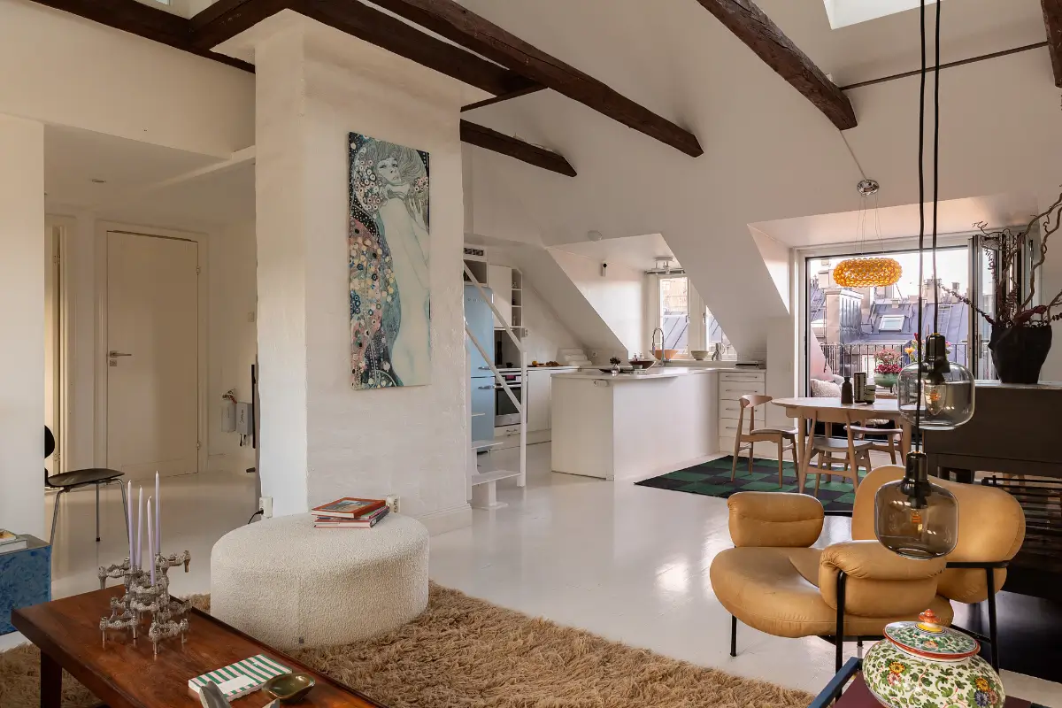 A Bright and Open-Plan Attic Apartment with Exposed Beams 9 bright-attic-apartment-stockholm-nordroom20
