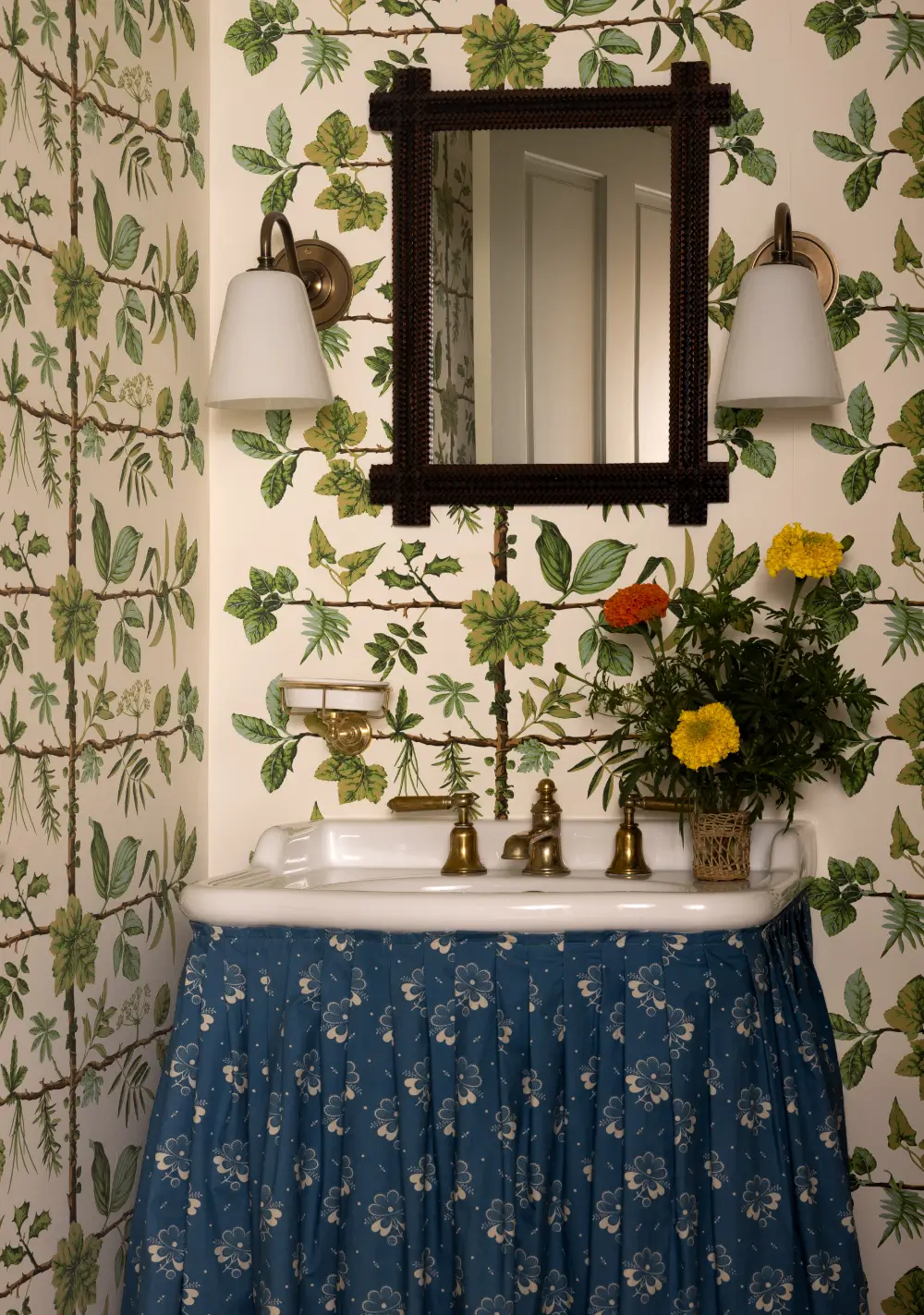 50 Bathroom Wallpaper Ideas Adding Color, Style, and Expression 26 bathroom-botanical-wallpaper-blue-skirting-under-sink