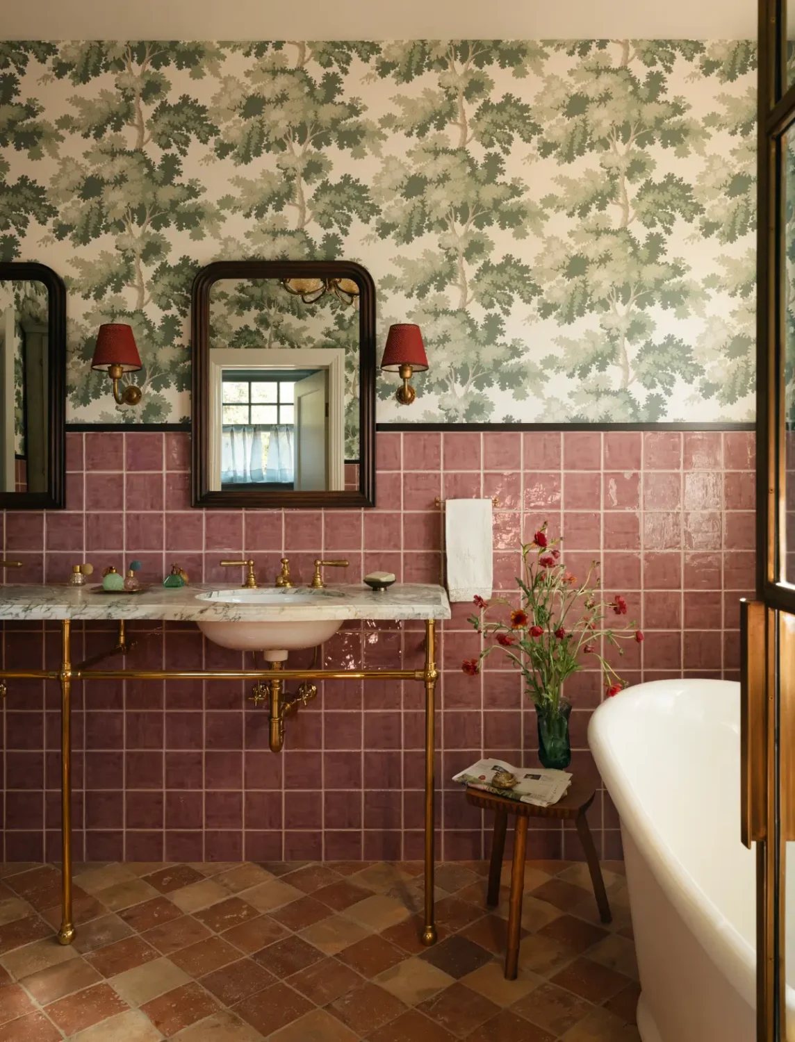 50 Bathroom Wallpaper Ideas Adding Color, Style, and Expression 2 bathroom-pink-tiles-green-botanical-wallpaper