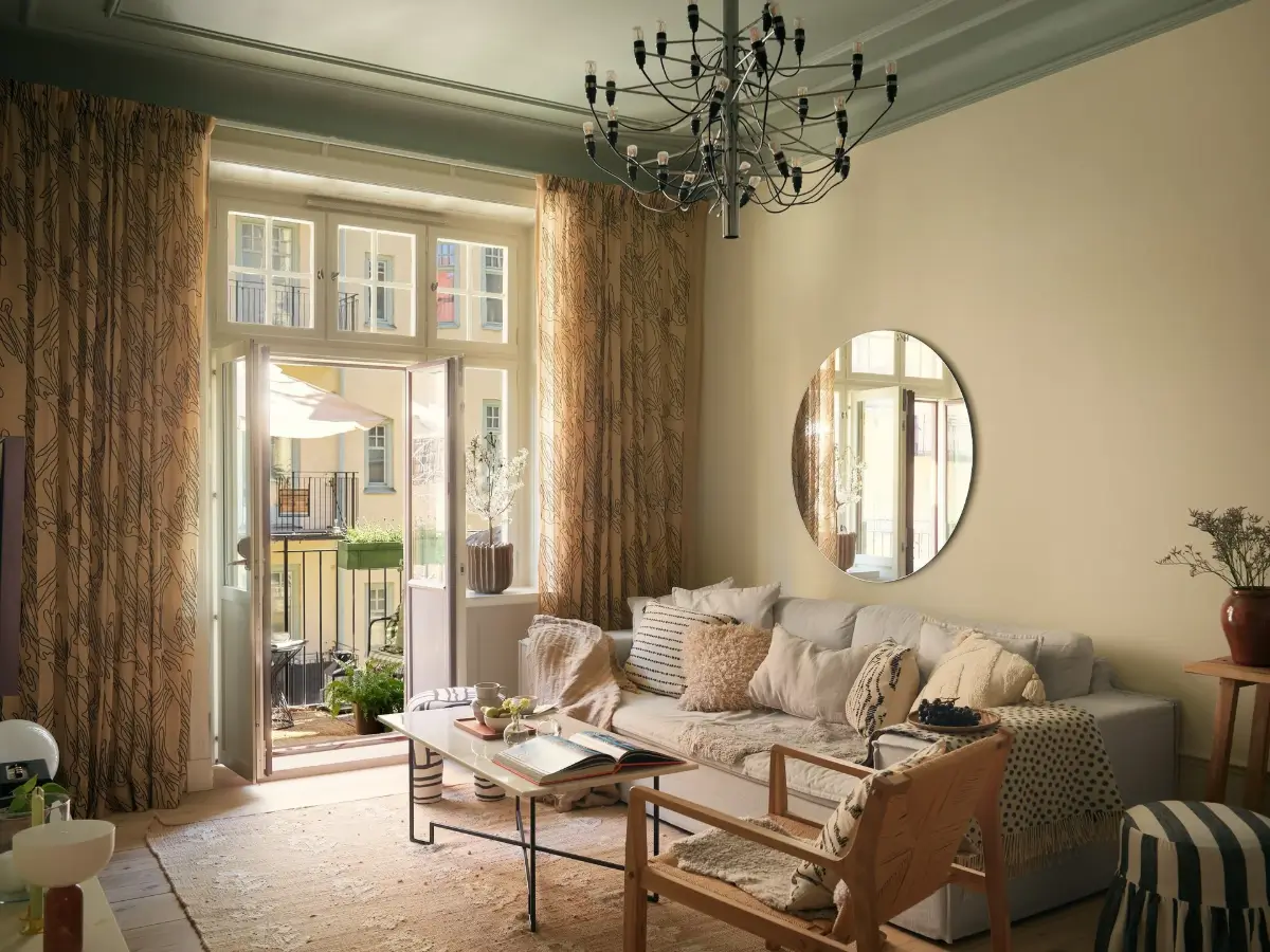 A Serene Color Palette and an Open-Plan Living Space in a Stockholm Apartment 1 open-plan-living-space-painted-ceiling-turn-of-the-century-stockholm-apartment-nordroom