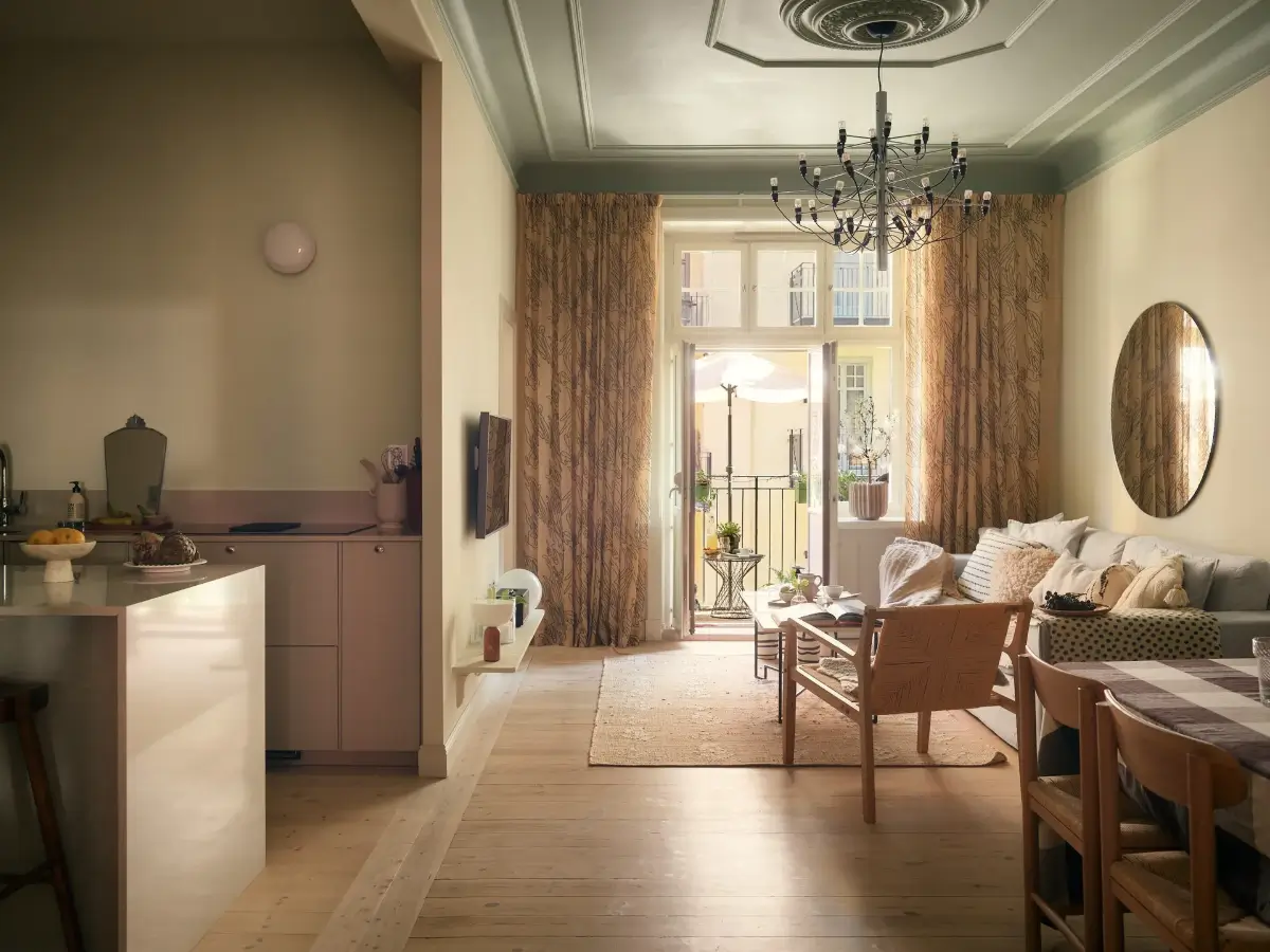 A Serene Color Palette and an Open-Plan Living Space in a Stockholm Apartment 2 open-plan-living-space-painted-ceiling-turn-of-the-century-stockholm-apartment-nordroom