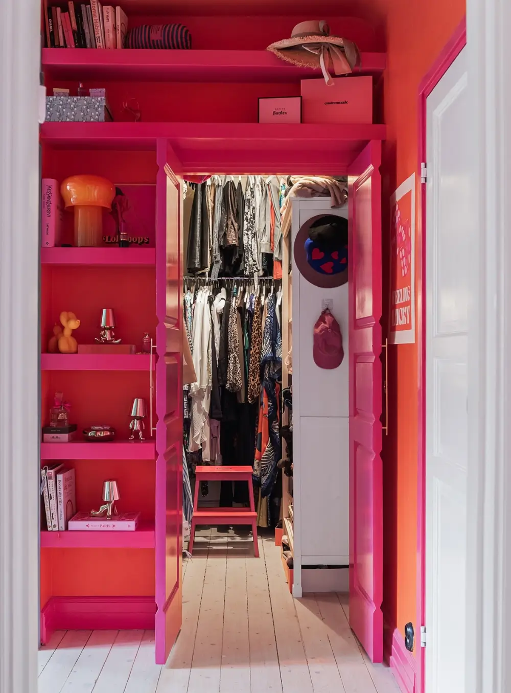 Whimsical Decor and Vibrant Color Accents in a Malmö Apartment 14 orange-pink-hall-walk-in-wardrobe-nordroom